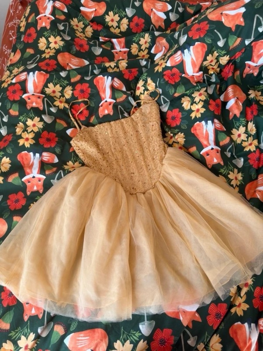 Golden Sequin Bodice Tulle Midi Dress